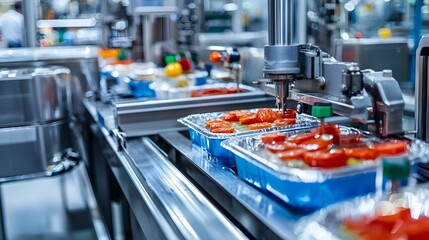 Automated Packaging Machine Sealing Ready-to-Eat Meals in Factory,Food Preservation Technology