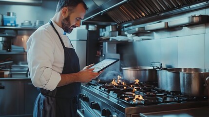 Chef Using Tablet to Control Smart Stove in Futuristic Tech-Savvy Kitchen