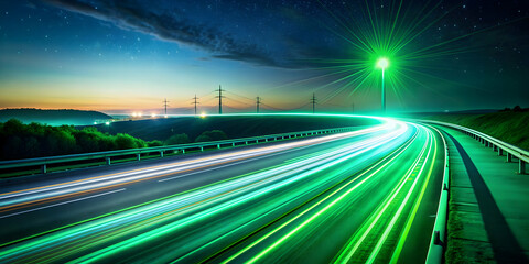 Obraz premium Green light trails from renewable energy highway transportation concept with electric vehicle technology at night