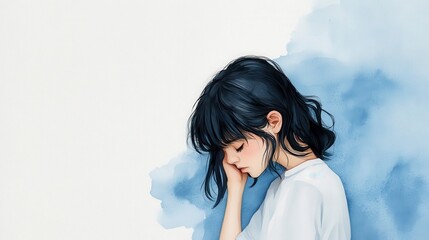 Fototapeta premium Reflective woman with blue watercolor background
