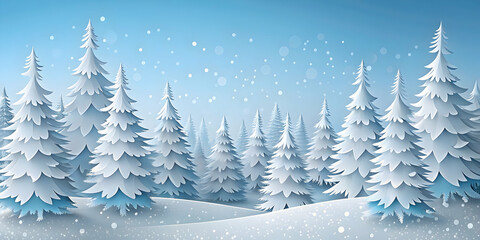 Obraz premium Winter forest with snow-covered pine trees in paper-cut style, winter, forest, pine trees, snow, paper-cut, white background