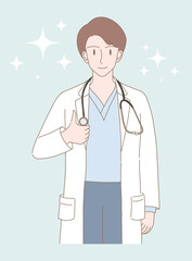 Happy doctor in uniform with stethoscope showing thumb up. Hand drawn flat cartoon character vector illustration.
