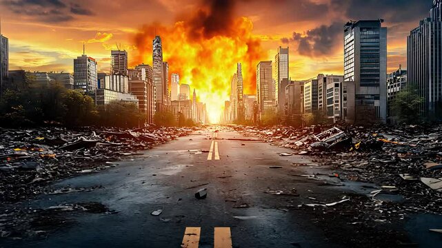 A post-apocalyptic city street with burning buildings and destroyed infrastructure, showcasing chaos, devastation, and urban destruction.

