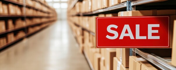 Warehouse sale sign with cardboard boxes in the background, white isolate background