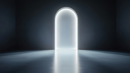 glowing archway illuminates dark room, creating serene and mysterious atmosphere. smooth floor reflects light, enhancing sense of depth and tranquility
