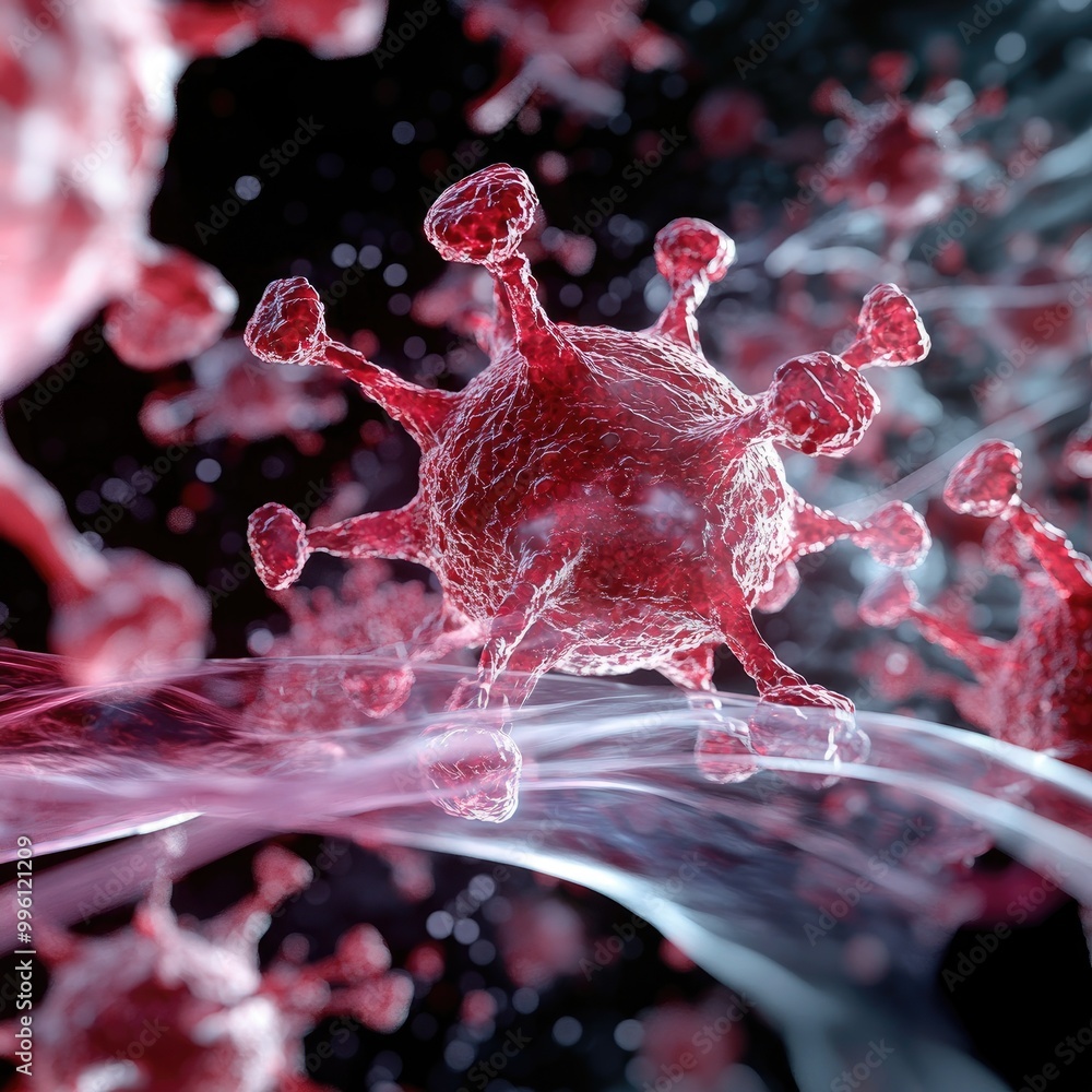Poster close-up visualization of a virus structure, exhibiting a complex design with spiky protrusions and 