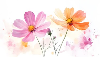 Fototapeta premium Pink and orange cosmos flowers with a watercolor splash on a white background, 