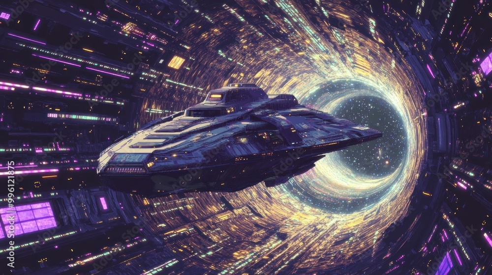 Poster spaceship navigating through a cosmic tunnel