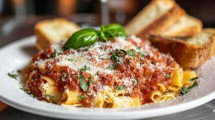 A plate of pasta with cheese and basil on top