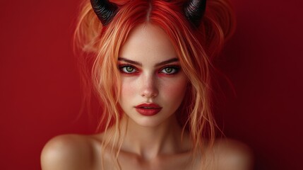 Naklejka premium Dark Fantasy Demon Cosplay with Horns and Gothic Aesthetic in Red and Black