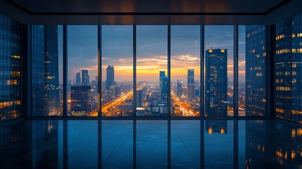 Obraz premium Panoramic view of modern city skyline at dusk from glass building