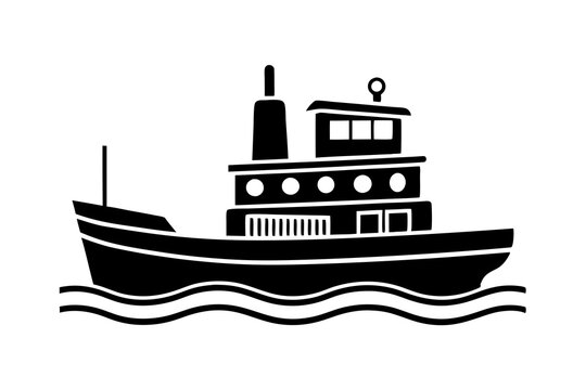 black tugboat on water, simple design clip art preview