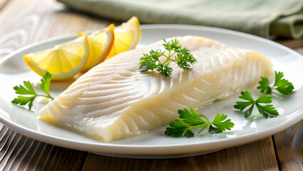Close-up shot of fresh halibut fillet on a white plate, halibut, fillet, fish, seafood, fresh, close-up, delicious, white plate