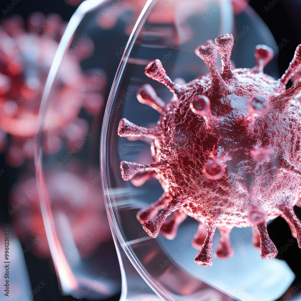 Poster a detailed and colorful representation of a virus particle, showcasing its structure with spikes, se