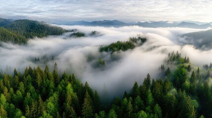 A serene, aerial view of lush green forests enveloped in soft mist, showcasing the tranquility and beauty of nature at dawn.