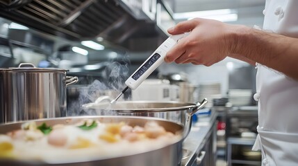 Precision Cooking in High-Tech Commercial Kitchen with Digital Thermometer