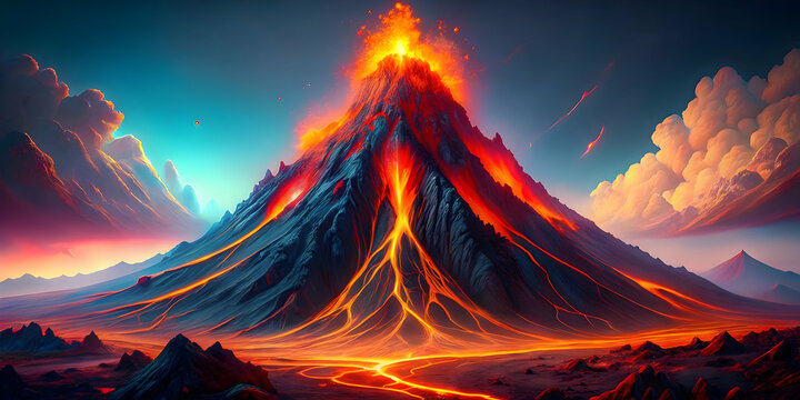 Neon lava flowing from abstract 16k volcano, creating mesmerizing art , volcano, neon, lava, abstract, 16k, mesmerizing, art