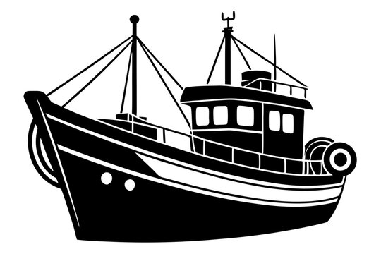 recommend clip art: Fishing boat silhouette vector illustration on white background.