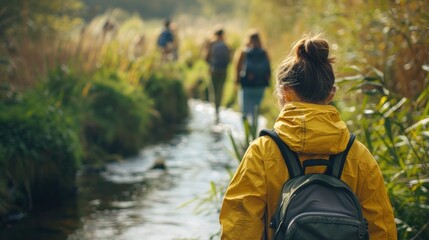 Photograph of a group hiking near a small river