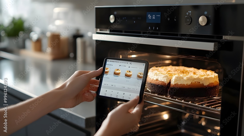 Aufkleber hands controlling smart oven via app for precision baking of cake in modern tech-enhanced cooking