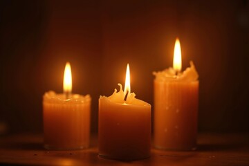 Three glowing candles creating a warm atmosphere in a cozy home setting