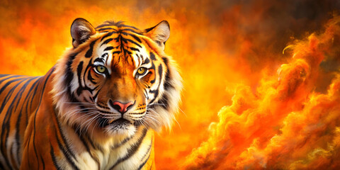 Naklejka premium Fierce tiger painting with fiery orange background depicting danger and power, tiger, painting, fierce, aggressive, stance, eyes