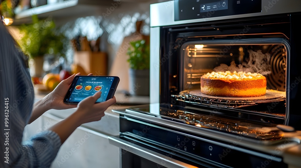 Aufkleber hands controlling a smart oven with app for precision baking of cake