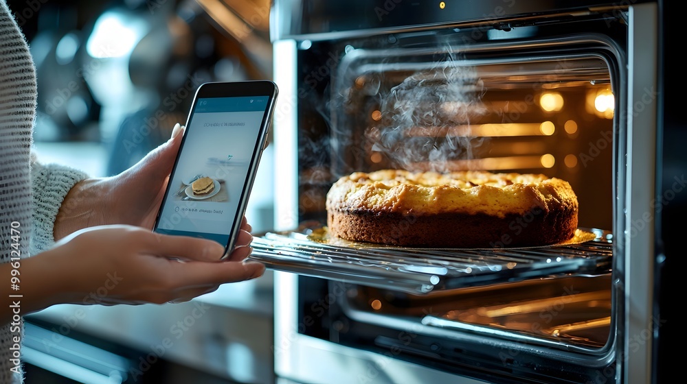 Poster hands controlling smart oven with app for precision baking of cake