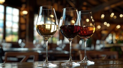 Three wine glasses with white, red, and gold wine on the table in front of a blurred restaurant background