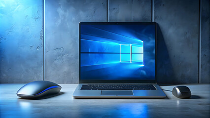 Windows 11 logo on laptop screen with mouse on black wall with blue light, Windows 11, logo, laptop, computer, mouse