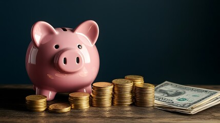 Piggy bank with coins and cash nearby