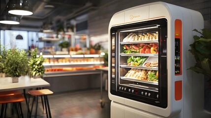 Futuristic Vending Machine Producing Fresh Meals on Demand with High-Tech Food Automation