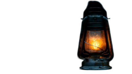 A vintage lantern with a flickering flame placed against a solid black background