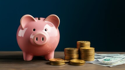 Piggy bank with coins and cash nearby