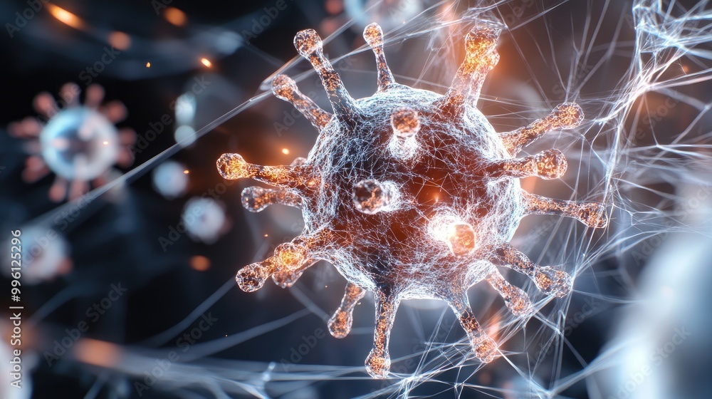 Poster a vivid digital depiction of a virus showcasing its intricate structure with glowing elements agains