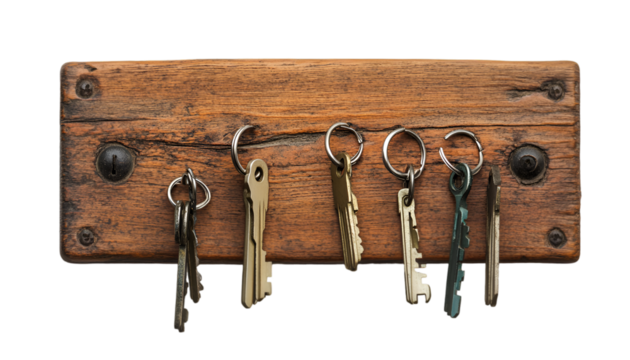 a group of keys on a wooden wall

