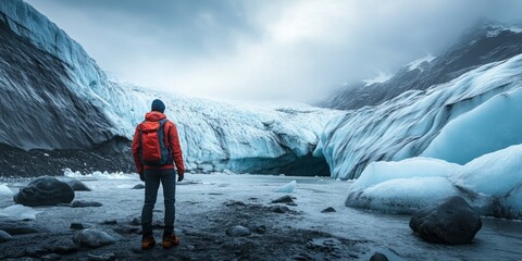 A lone adventurer stands in awe before a majestic glacier. The scene captures the beauty of nature and the thrill of exploration. Ideal for travel enthusiasts and outdoor lovers. AI