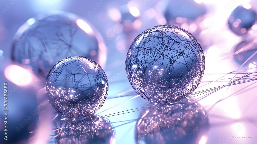 Poster metallic wireframe spheres intersecting with glass surfaces creating futuristic reflective abstract