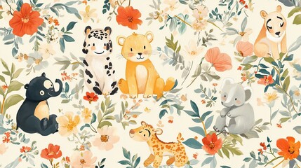 Cute animal illustrations surrounded by flowers.