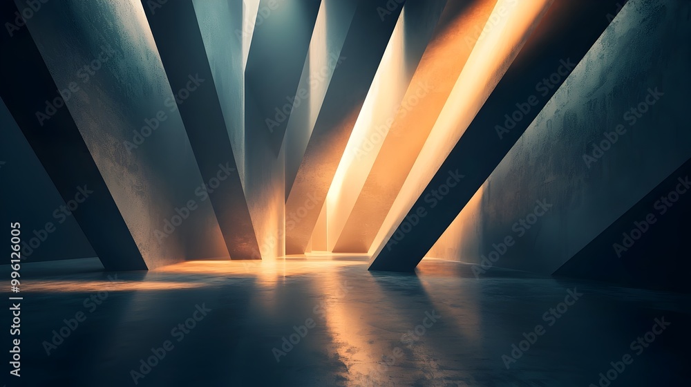 Poster striking geometric prisms casting dynamic shadows in 3d illuminated void
