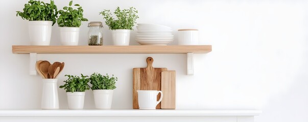 Fototapeta premium Charming Farmhouse Kitchen with Open Shelving and Organized Herb Garden - Functional Family-Friendly Layout Embracing Rustic Elegance and Cozy Atmosphere