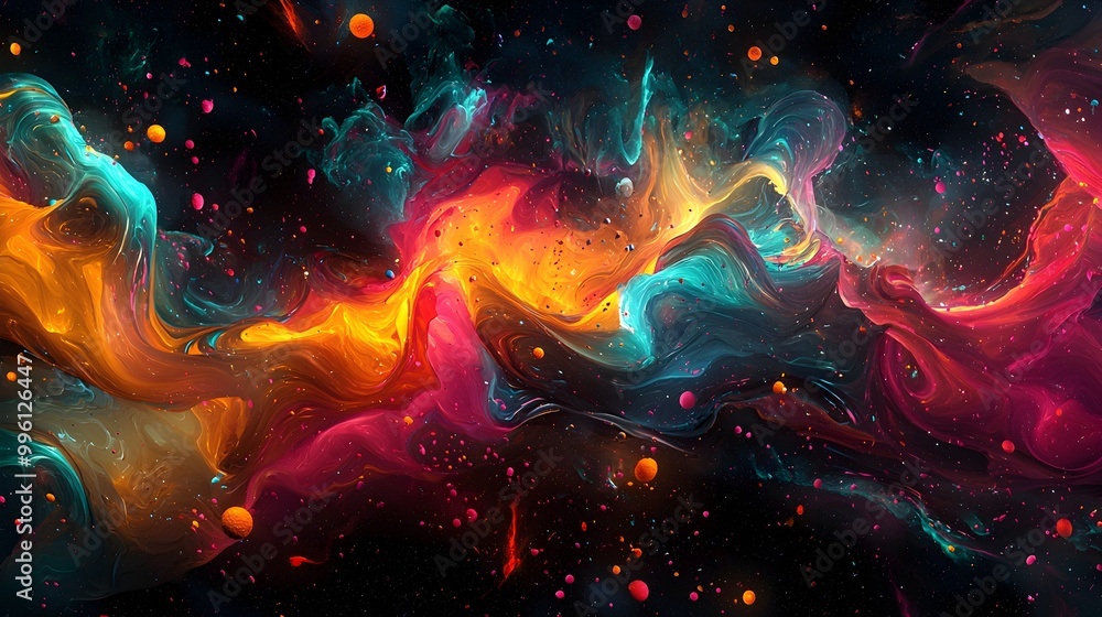 Aufkleber vibrant 3d fluid abstractions interacting with particle clouds in dark space