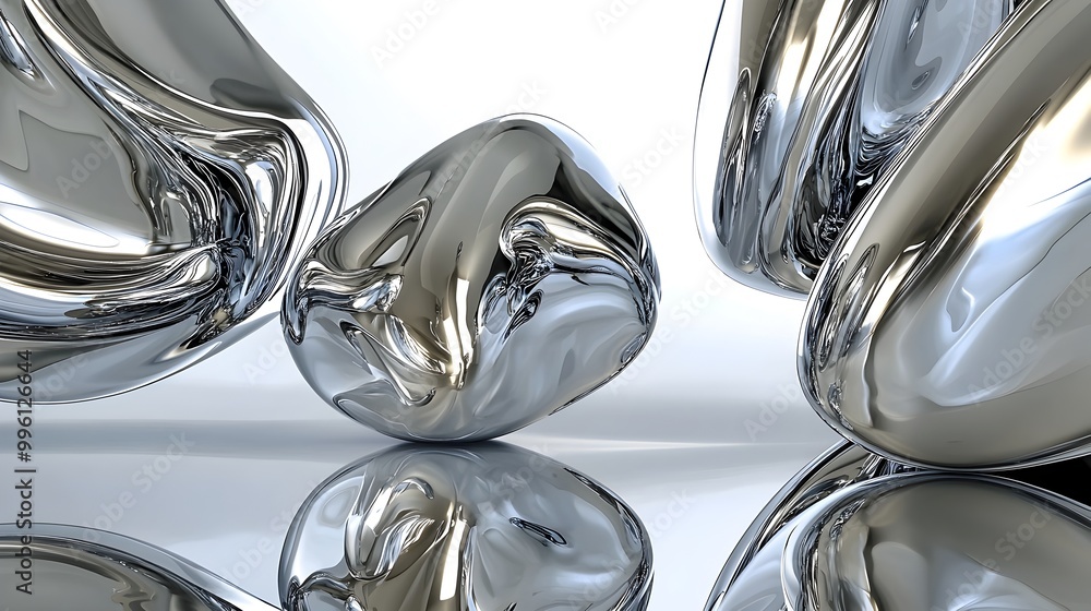 Poster Floating Metallic Shapes with Glossy Reflections in Minimalist 3D Space