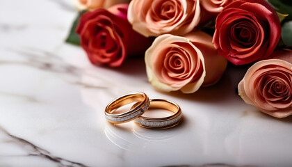 Elegant wedding rings beside beautiful roses on a marble surface.