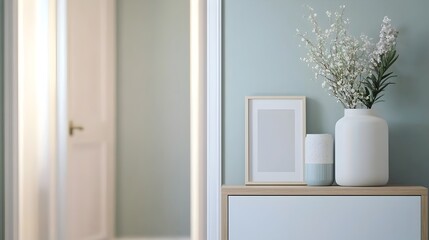 Stylish Hallway with Gallery Wall Display - Ambient Lighting Creates a Welcoming Atmosphere with Personal Photographs and Decorative Accents