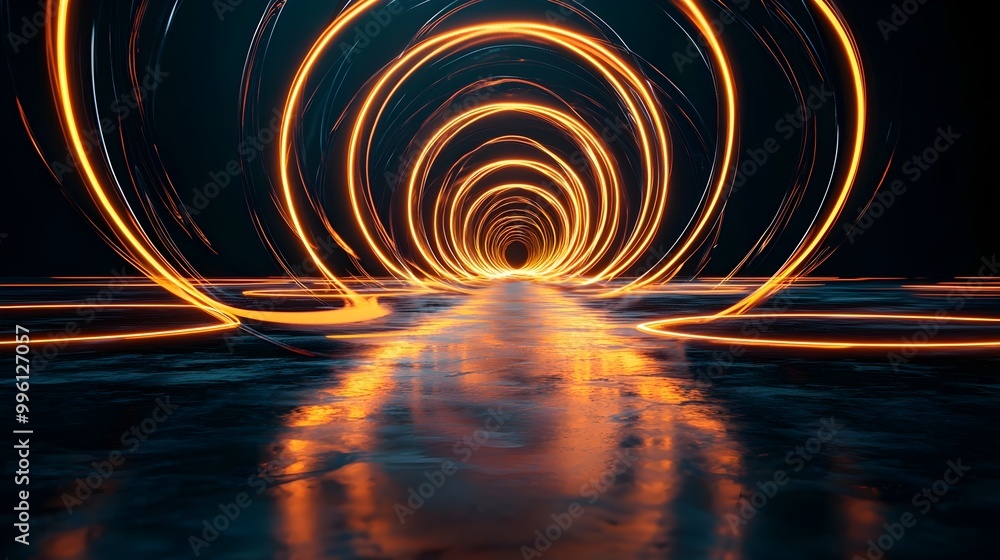 Poster suspended glowing rings creating abstract portal in minimal 3d space background