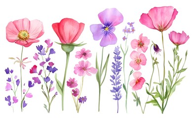 Set of pink and purple wildflowers, watercolor clipart with a white background.