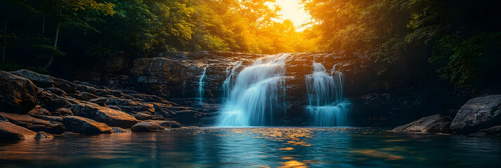 Beautiful Waterfall Cascades Down Rocky Steps into a Tranquil Pool Surrounded by Lush Forest at Sunset