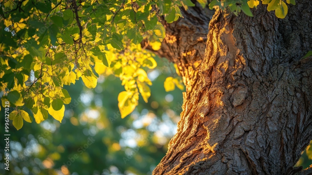 Poster tree bark texture with sunlight filtering through leaves