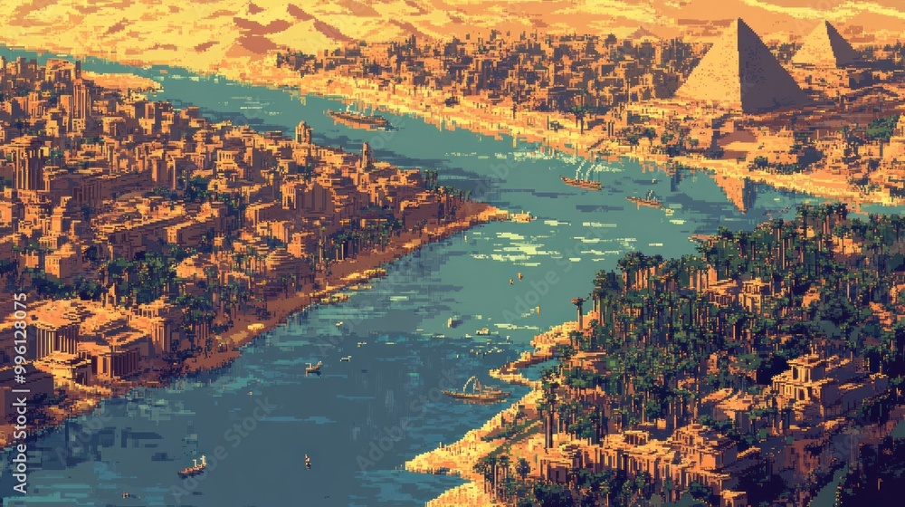 Sticker A Vibrant, Pixelated View of an Ancient Egyptian City with the Nile River and Two Pyramids in the Distance